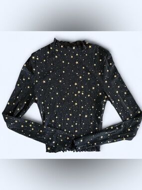 Black Star Print Sparkle Long Sleeve Top Fairy Sheer Mock Neck Celestial Size XS